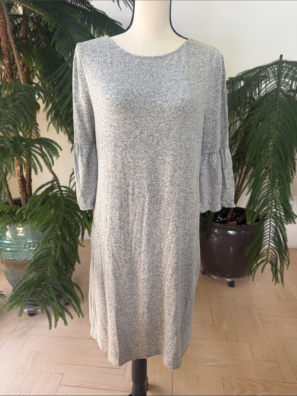 White House Black Market Light Gray Knit Bell-Sleeve Midi Dress, fully lined